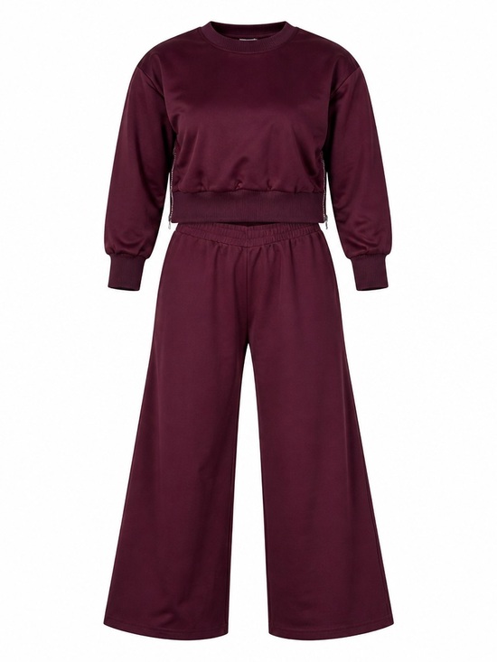 Pants - Women's Loungewear Wide-Leg Sweatpant and Long Sleeve Top Burgundy Size S.